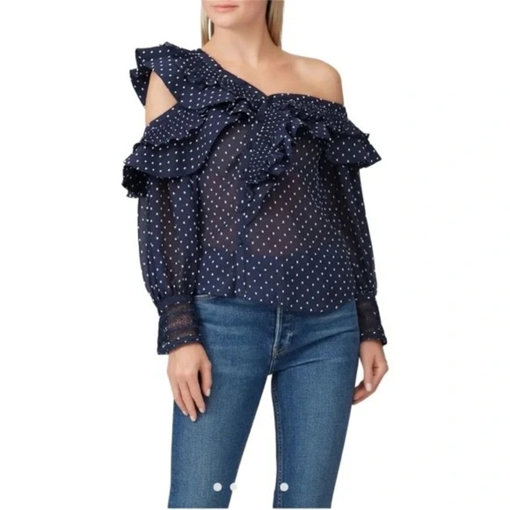 Self-Portrait Navy Polka Dot One-Shoulder Ruffle Blouse